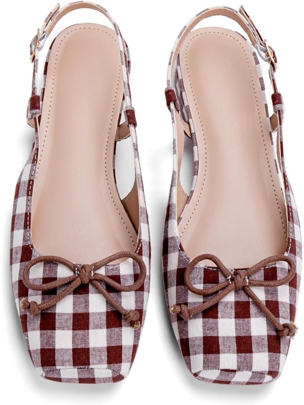 Women Brown Tartan Slingback Square Toe Bow Knit Ankle Buckle Satin Ballet Flats